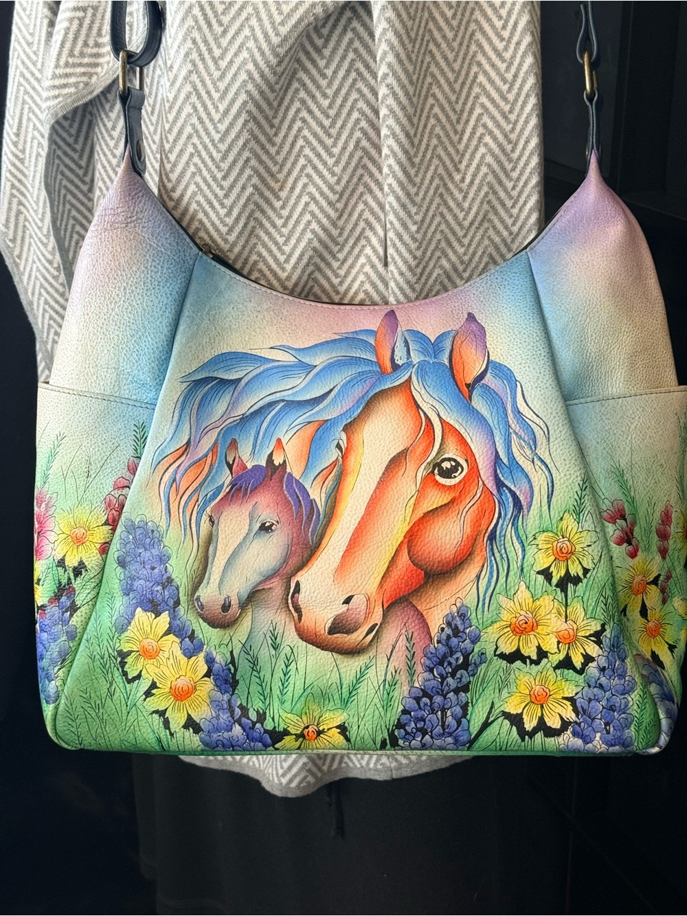 Anna by Anuschka Handpainted Large Multi Pocket Hobo featuring wild horses